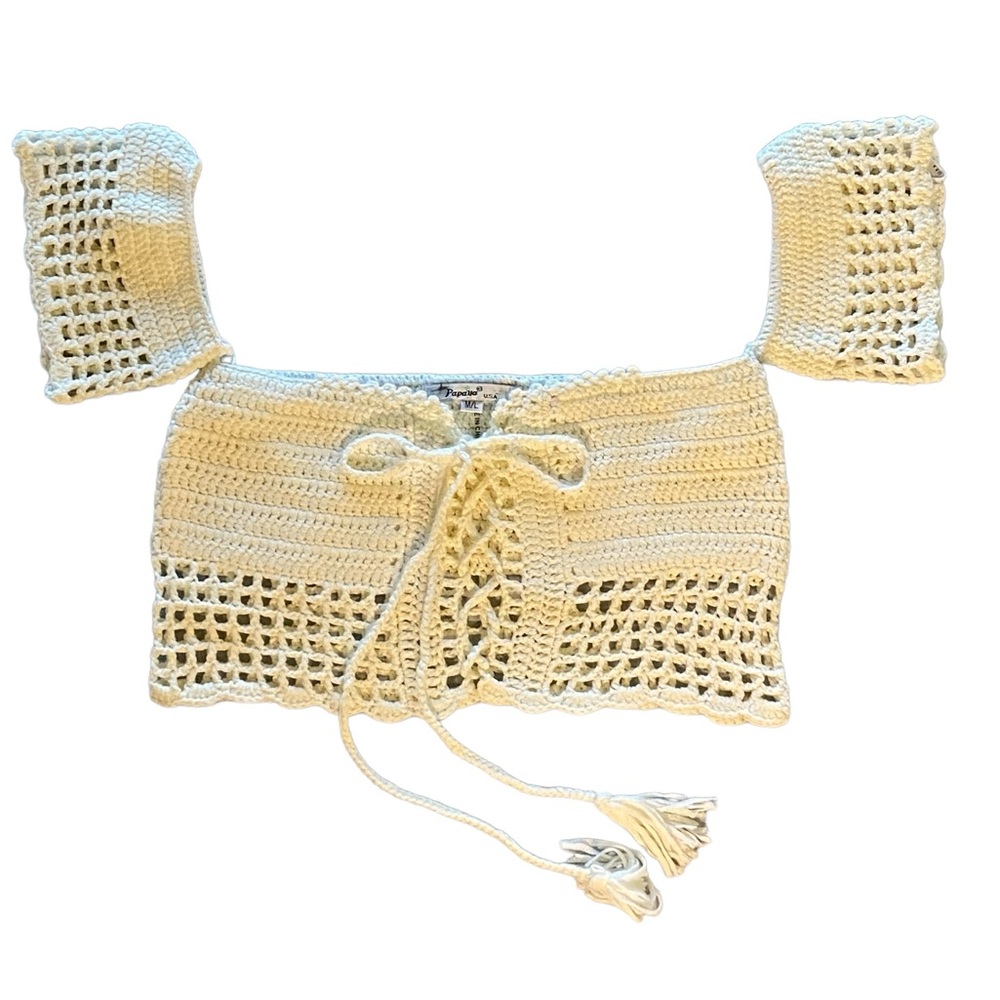 NWOT Papaya Crochet Off the Shoulder Laced Up Cream Top